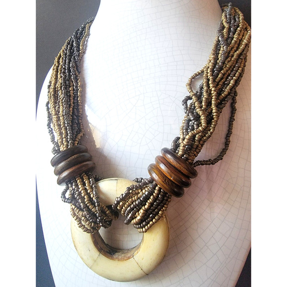 Vintage Tribal Boho Multi-Strand Beaded Necklace Wood Ring Pendant Folk Style - Picture 5 of 9